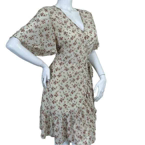 Olivia Grey flower pattern mini wrapped dress cream beige floral sundress NWT XL - Picture 11 of 15